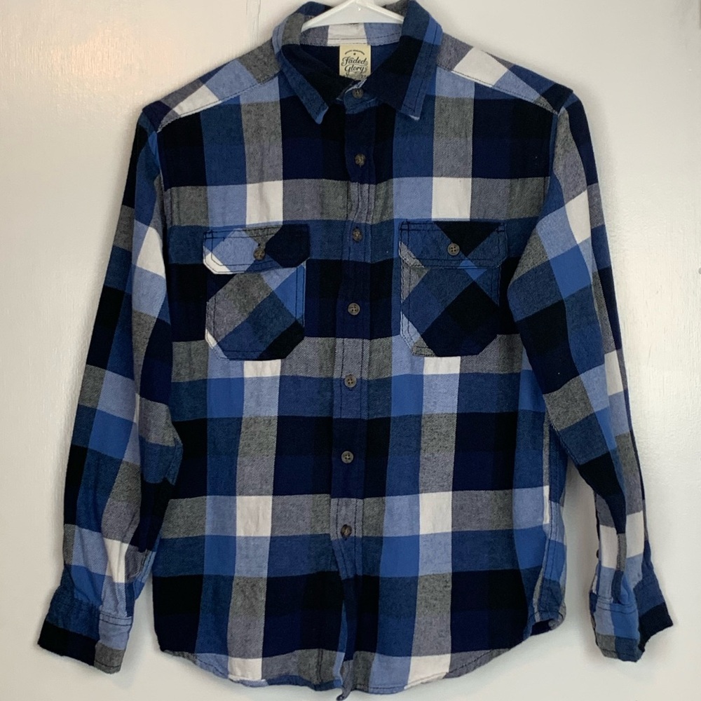 Blue and White Plaid Flannel Shirt